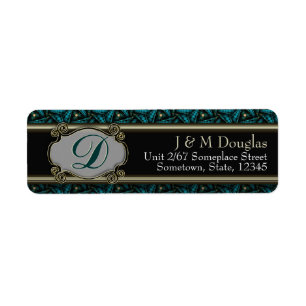 Monogram Teal Black Gold Stylish Address Label