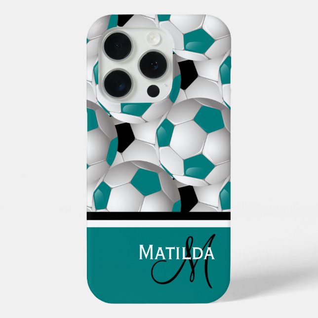 Monogram Teal Black Soccer Ball Pattern Case-Mate iPhone Case (Back)