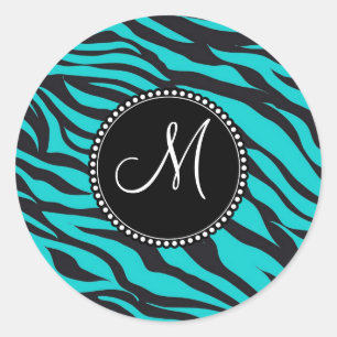 Monogram Teal Black Zebra Print Wild Animal Stripe Classic Round Sticker