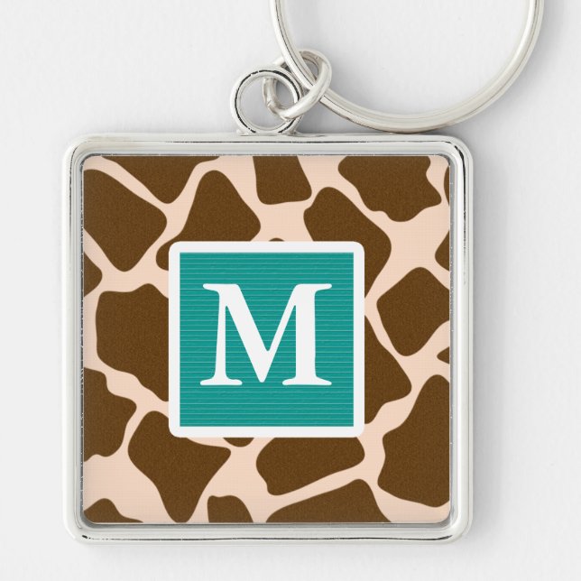 Monogram Teal Blue Brown Giraffe Print Keychain (Front)