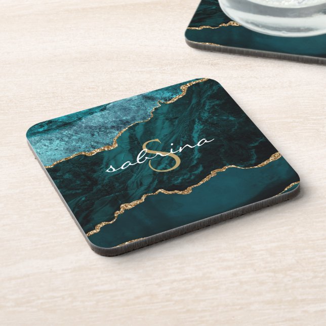 Monogram Teal Blue Gold Agate Geode Coaster (Left Side)
