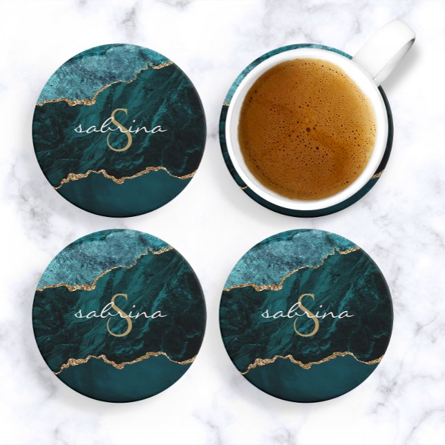 Monogram Teal Blue Gold Agate Geode Coaster (Creator Uploaded)