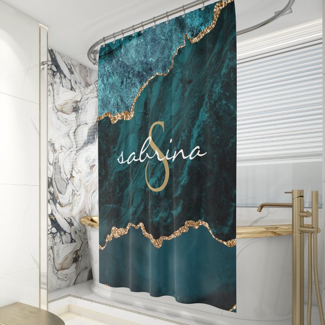 Monogram Teal Blue Gold Agate Geode Shower Curtain (Creator Uploaded)