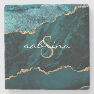 Monogram Teal Blue Gold Agate Geode Stone Coaster