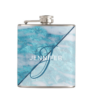 Monogram Teal Blue Marble Geometric Bridesmaid Hip Flask