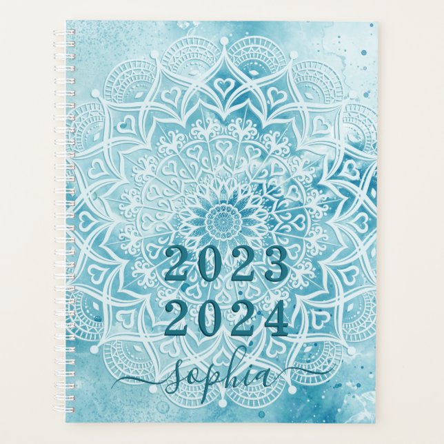 Monogram Teal Blue Marble Mandala 2023 2024 Planner (Front)