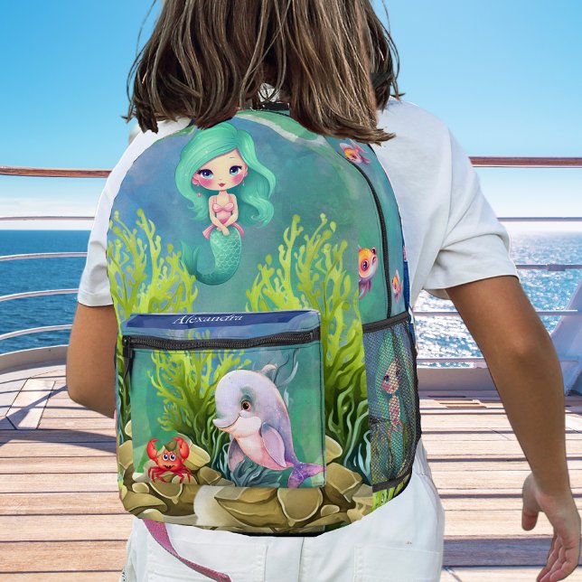 Monogram Teal Blue Mermaid Dolphin Sea Ocean Theme Printed Backpack (Creator Uploaded)