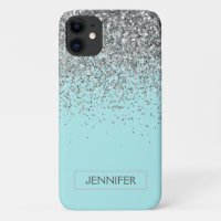 Monogram Teal Blue Silver Glam Glitter Name