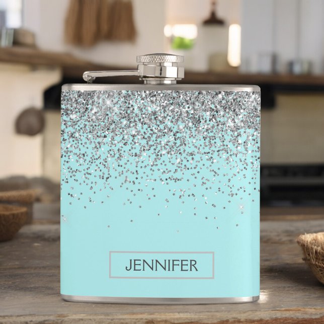 Monogram Teal Blue Silver Glam Glitter Name Hip Flask (Creator Uploaded)