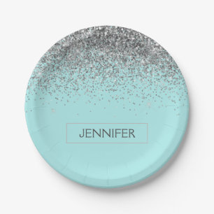 Monogram Teal Blue Silver Glam Glitter Name Paper Plate