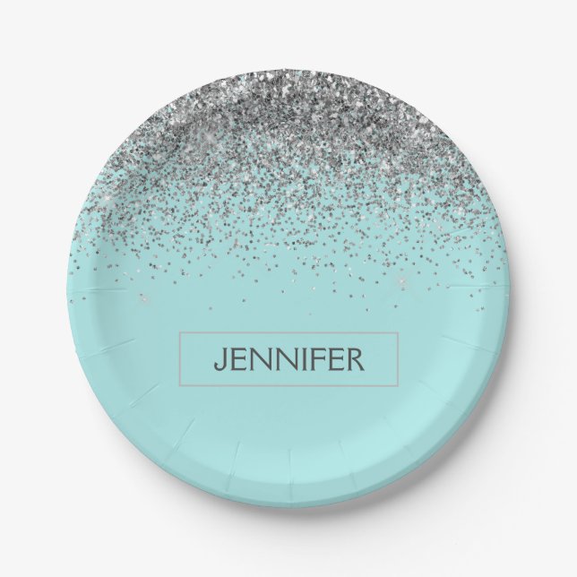 Monogram Teal Blue Silver Glam Glitter Name Paper Plate (Front)