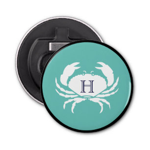 Monogram Teal Blue White Navy Blue Crab Nautical  Bottle Opener