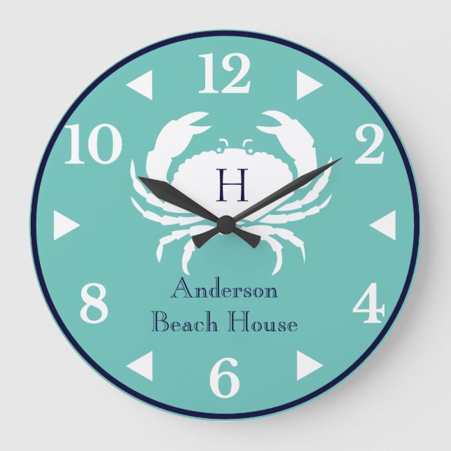 Monogram Teal Blue White Navy Blue Crab Nautical  Large Clock (Front)
