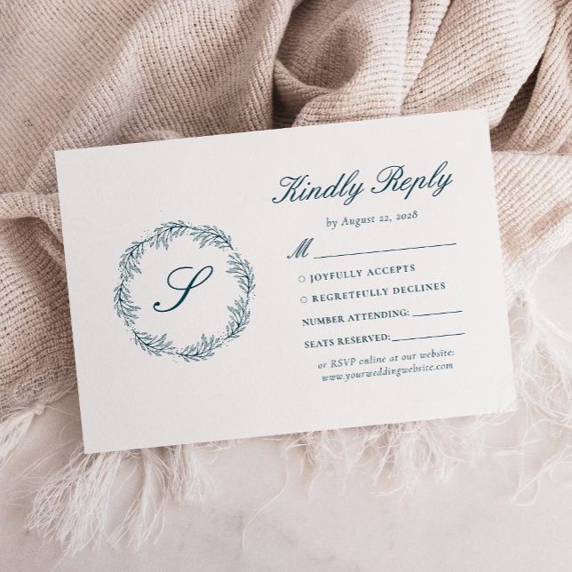 Monogram Teal Blue Wreath Wedding RSVP Card (Creator Uploaded)