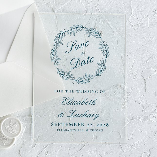 Monogram Teal Blue Wreath Wedding Save the Date Acrylic Invitations (Creator Uploaded)