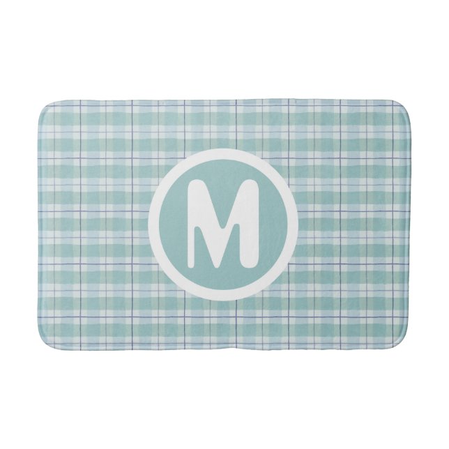 Monogram Teal Country Plaid Baby Nursery  Bath Mat (Front)