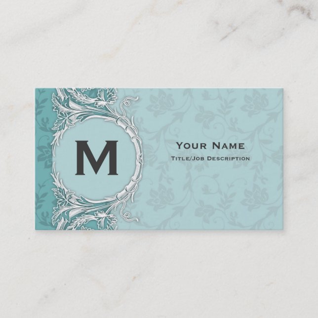 Monogram Teal Floral Fancy Profile Business Cards (Front)