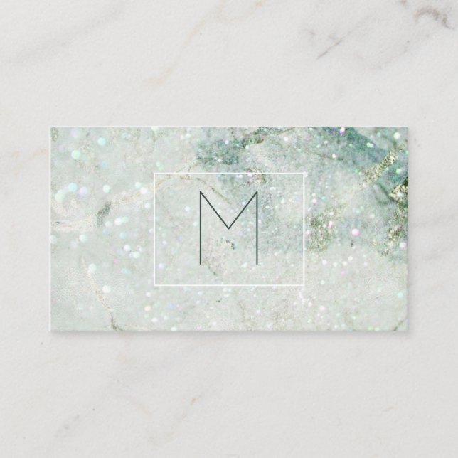 Monogram Teal Glitter Marble Hair Makeup Business Card (Front)