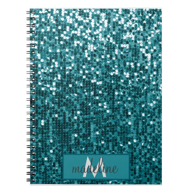 Monogram Teal Glitter Sequin Sparkly Notebook (Front)
