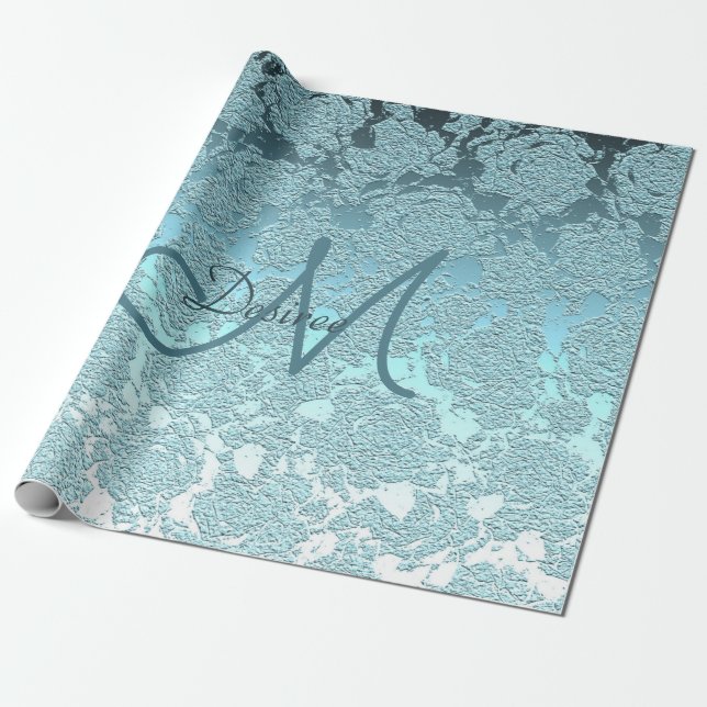 Monogram Teal Green Girly Elegant Floral Pattern Wrapping Paper (Unrolled)