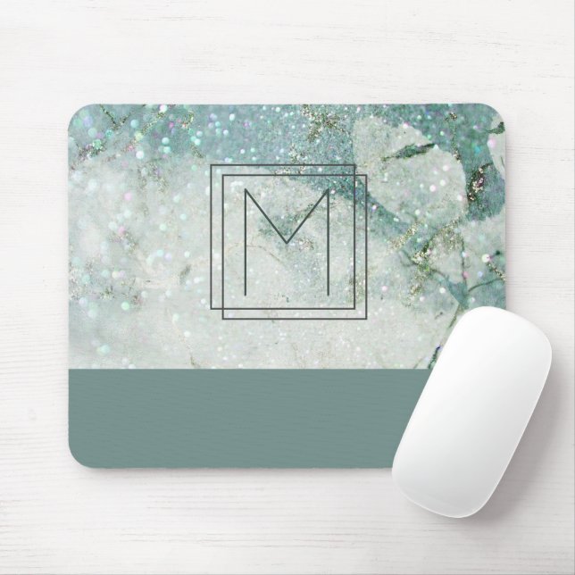 Monogram Teal Green Marble Glitter Monogram Mouse Mat (With Mouse)