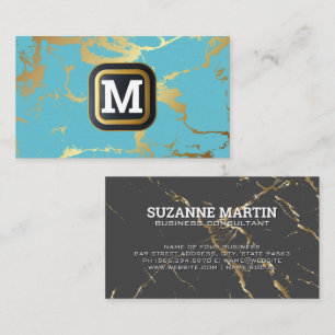 Monogram   Teal Grey Gold Marble Business Card