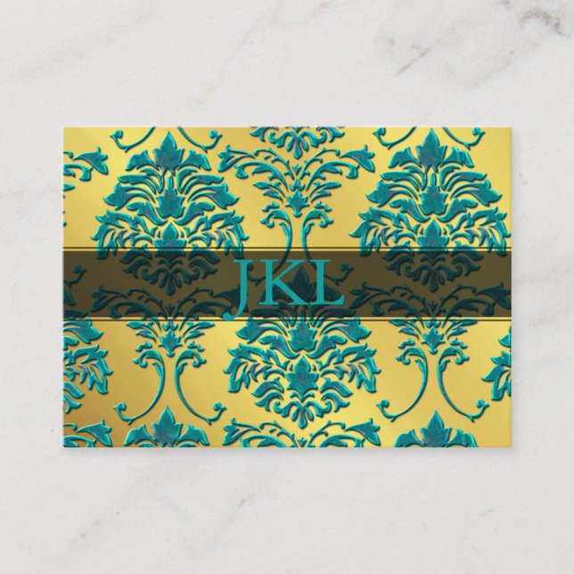 Monogram, teal on gold tone damask chubby card (Front)