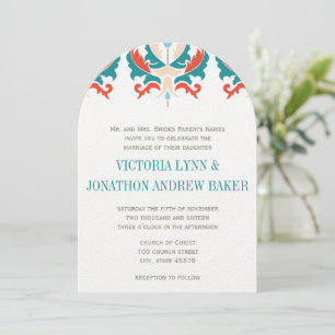 Monogram Teal Peach Red Orange Wedding Invitation