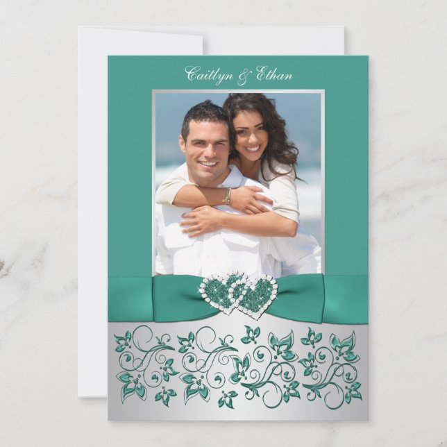 Monogram Teal, Silver Floral Wedding Invitation (Front)