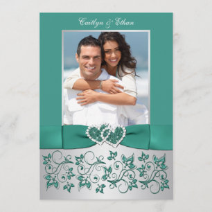 Monogram Teal, Silver Floral Wedding Invitation