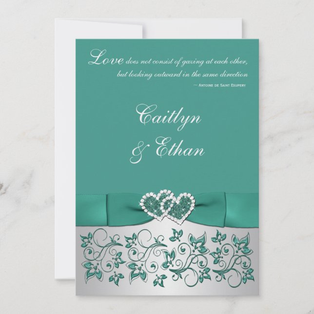 Monogram Teal, Silver Floral Wedding Invitation (Front)