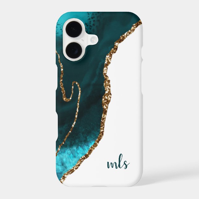 Monogram Teal Silver Glitter Agate Chic Modern (Back)