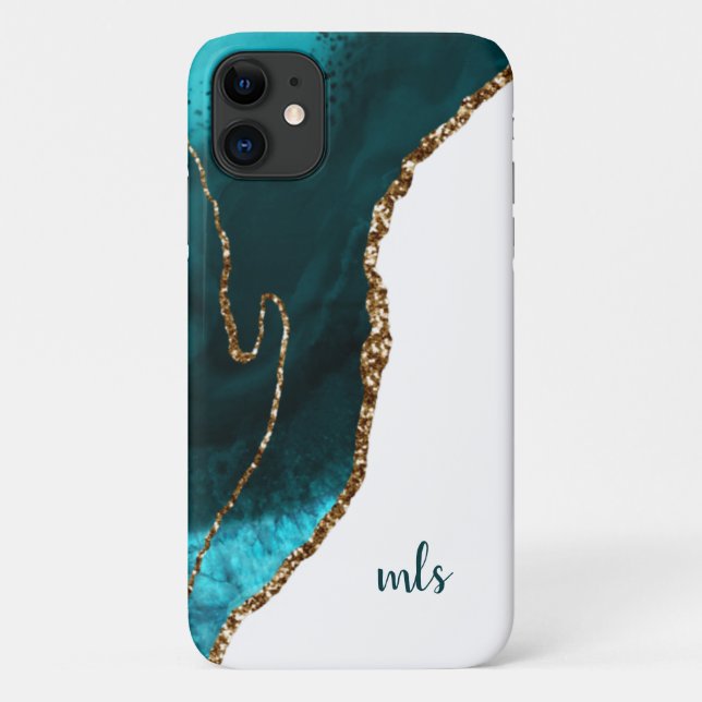 Monogram Teal Silver Glitter Agate Chic Modern Case-Mate iPhone Case (Back)