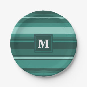 Monogram teal stripes paper plate