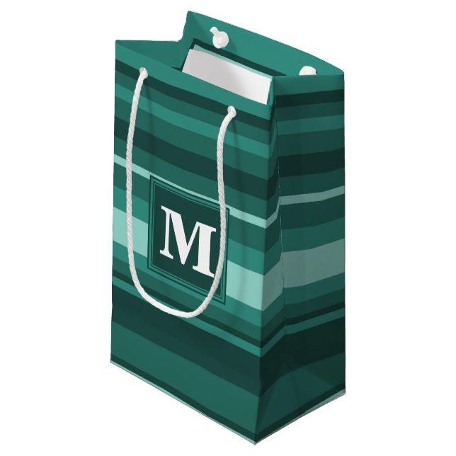 Monogram teal stripes small gift bag (Front Angled)