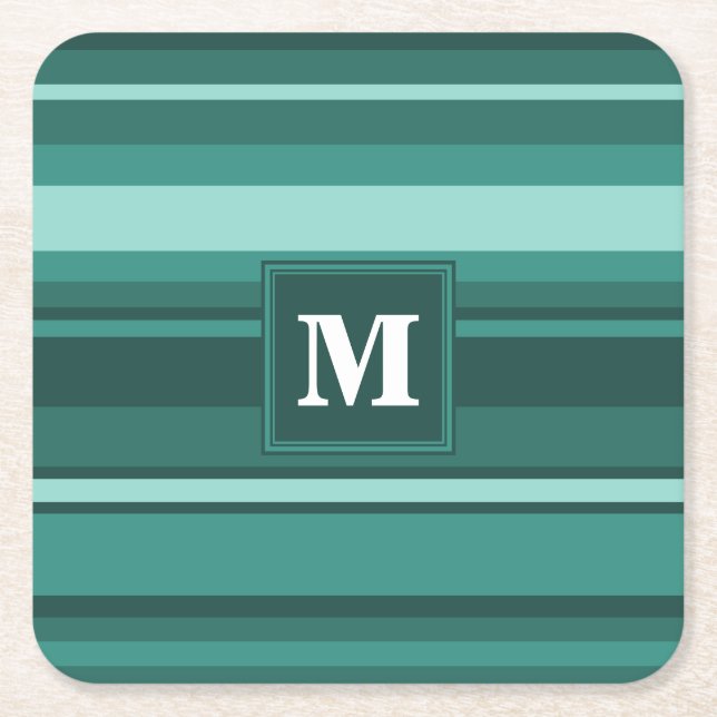 Monogram teal stripes square paper coaster (Front)