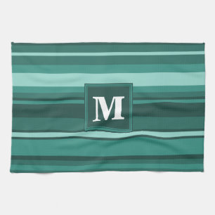 Monogram teal stripes tea towel
