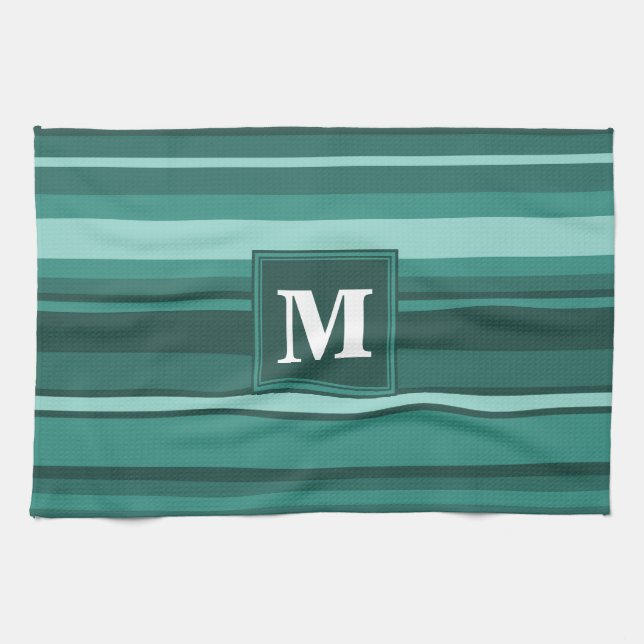 Monogram teal stripes tea towel (Horizontal)