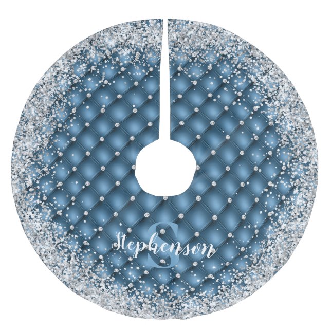 Monogram Teal Tufted Diamond Silver Glitter Brushed Polyester Tree Skirt (Front)