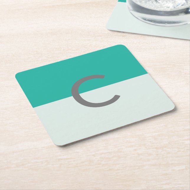 Monogram Teal Watercolor Minimalist Square Paper Coaster (Angled)
