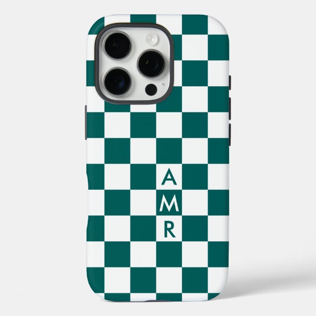 Monogram Teal White Chequered Pattern Case-Mate iPhone Case (Back)