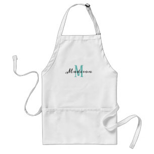 Monogram Teal White Modern Script Name Womens Standard Apron
