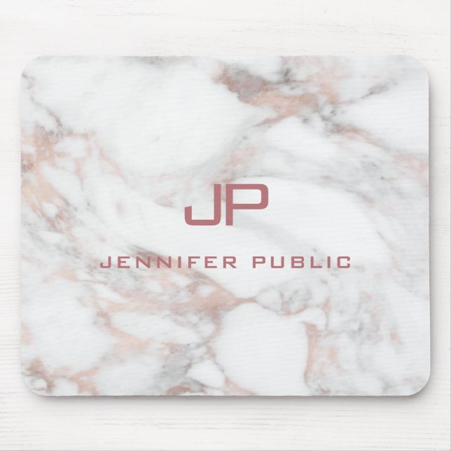 Monogram Template Elegant Rose Gold White Marble Mouse Mat (Front)