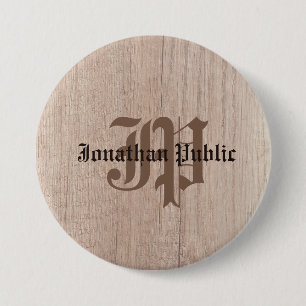 Monogram Template Plank Board Wood Look Old Script 7.5 Cm Round Badge