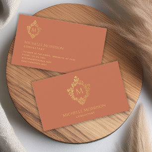 Monogram Terracotta Faux Gold Vintage Ornate Crest Business Card