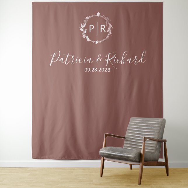 Monogram Terracotta Wedding Backdrop Tapestry (In Situ)