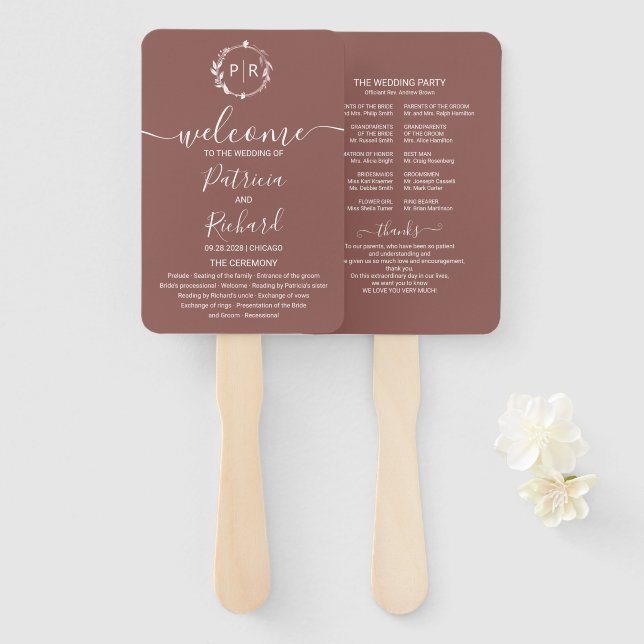 Monogram Terracotta Wedding Program Hand Fan (Front and Back)