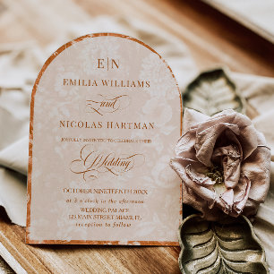 Monogram Terracotta White Floral Wedding Invitation