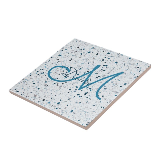 Monogram Terrazzo Teal Blue Green White Grey Retro Tile (Side)