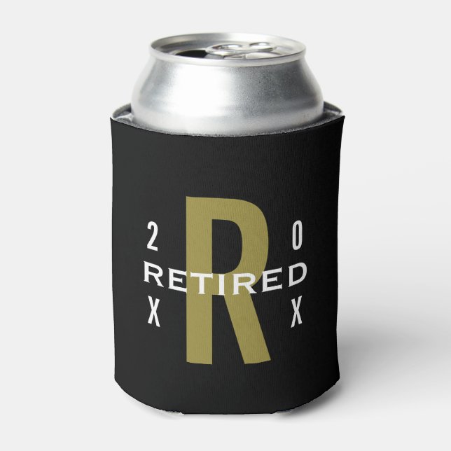 Monogram Text Retired Retirement Black Gold White Can Cooler (Can Front)